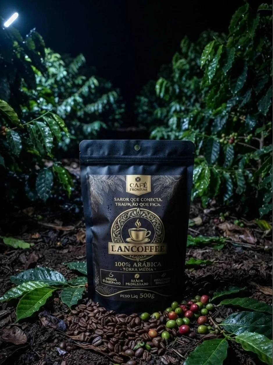 Pacote de café LanCoffee na lavoura, entre pés de café com cerejas maduras